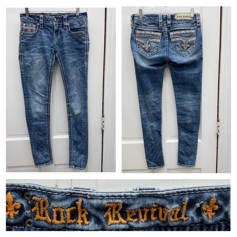 Rock Revival Kerry Skinny Jeans Womens 27 Blue Embroidered Flap Pocket Denim